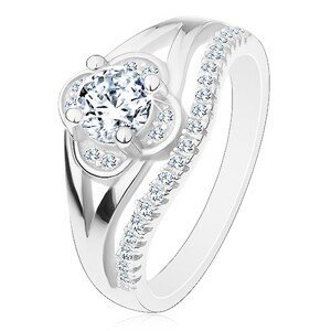 Zásnubní prsten, stříbro 925, čirý zirkonový kvítek a linie drobných zirkonů - Velikost: 50