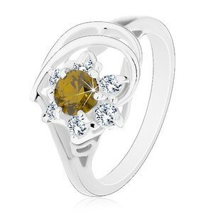 Prsten ve stříbrném odstínu, zirkonový květ s olivově zeleným středem - Velikost: 49