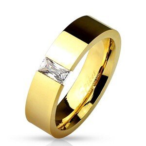 Lesklý ocelový prsten zlaté barvy, vsazený obdélníkový čirý zirkon, 6 mm - Velikost: 49