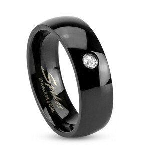 Černý ocelový prsten, lesklá zaoblená ramena, čirý zirkonek, 6 mm - Velikost: 52