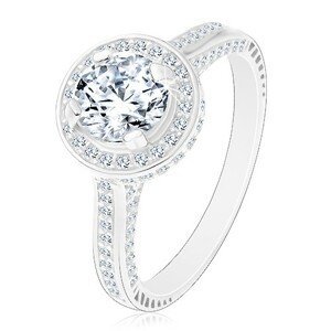 Stříbrný 925 prsten, zářivý kulatý zirkon čiré barvy ve třpytivém kruhu - Velikost: 65