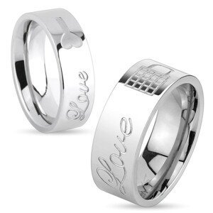 Prsten z chirurgické oceli stříbrné barvy, nápis Love a klíček, 6 mm - Velikost: 52