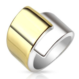 Ocelový prsten, široká překrývající se ramena zlaté a stříbrné barvy - Velikost: 55