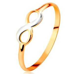Zlatý prsten 585 - dvoubarevný lesklý symbol nekonečna, úzká hladká ramena - Velikost: 51