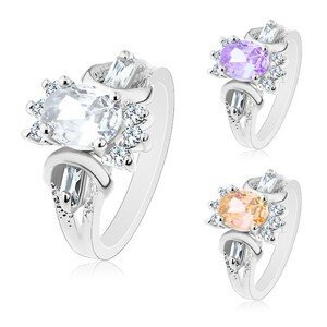 Prsten stříbrné barvy, broušený barevný ovál, kulaté a obdélníkové čiré zirkonky - Velikost: 49, Barva: Světle fialová