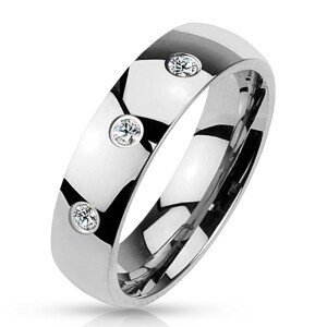 Prsten stříbrné barvy z oceli 316L, lesklý hladký povrch, tři zirkony, 4 mm - Velikost: 52