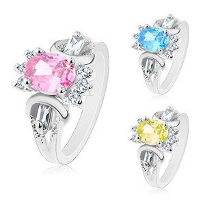 Prsten ve stříbrném odstínu, broušený barevný ovál, kulaté a obdélníkové čiré zirkonky - Velikost: 50, Barva: Růžová