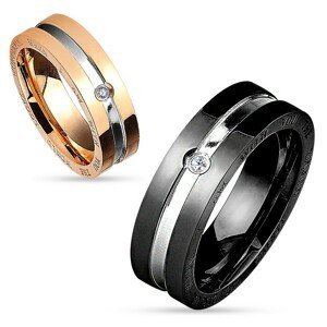 Ocelový prsten v černo-stříbrné kombinaci, kulatý čirý zirkon, 8 mm - Velikost: 62