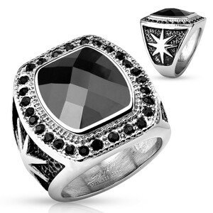 Masivní ocelový prsten stříbrné barvy, velký černý kámen a kulaté zirkonky - Velikost: 62
