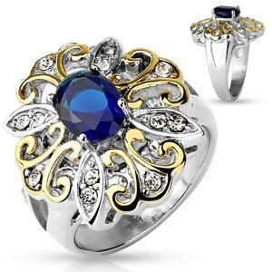 Mohutný prsten z oceli 316L, velký dvoubarevný květ, tmavomodrý oválný zirkon - Velikost: 54