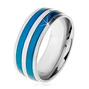 Dvoubarevný ocelový prsten, tenké pruhy v modrém a stříbrném odstínu, zářezy, 8 mm - Velikost: 58