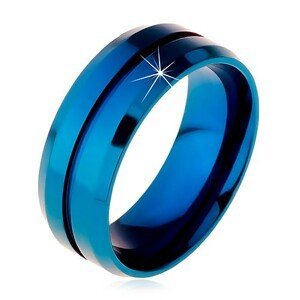Modrý prsten z chirurgické oceli, úzký zářez uprostřed, zkosené okraje, 8 mm - Velikost: 58