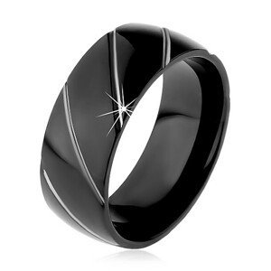 Prsten z oceli 316L černé barvy, diagonální pásy ve stříbrném odstínu, 8 mm - Velikost: 57