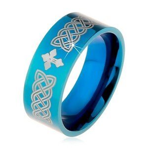Lesklý prsten z oceli 316L, modrá barva, keltské symboly a kříž, 8 mm - Velikost: 57