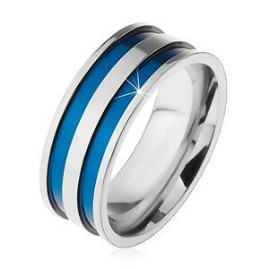 Ocelový prsten ve stříbrném odstínu, tenké vyhloubené pásy modré barvy, 8 mm - Velikost: 62