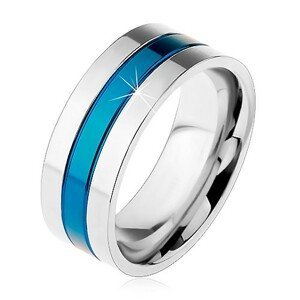 Prsten z oceli 316L, modrý středový pás, okraje stříbrné barvy, zářezy, 8 mm - Velikost: 68