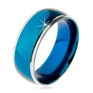 Prsten z chirurgické oceli, zaoblený modrý pruh, lemy stříbrné barvy, 8 mm - Velikost: 58
