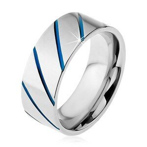 Prsten z oceli 316L stříbrné barvy, modré diagonální pruhy, 8 mm - Velikost: 57
