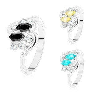 Prsten se zvlněnými rameny, stříbrný odstín, barevná zrnka a čiré zirkony - Velikost: 50, Barva: Aqua modrá