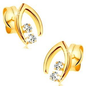 Diamantové náušnice ve žlutém 14K zlatě - dvojice briliantů ve špičaté podkůvce