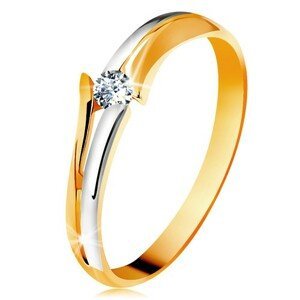 Diamantový zlatý prsten 585, zářivý čirý briliant, rozdělená dvoubarevná ramena - Velikost: 51
