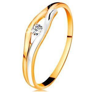 Briliantový prsten ve 14K zlatě - diamant v úzkém výřezu, dvoubarevné linie - Velikost: 50