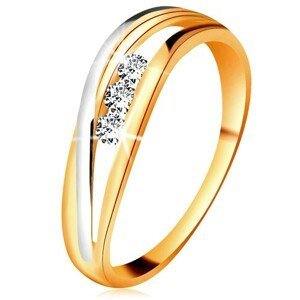 Briliantový prsten ze 14K zlata, zvlněné dvoubarevné linie ramen, tři čiré diamanty - Velikost: 52