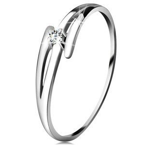 Briliantový prsten z bílého 14K zlata - rozdělená zvlněná ramena, čirý diamant - Velikost: 50