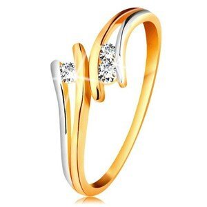 Diamantový zlatý prsten 585, tři zářivé čiré brilianty, rozdělená dvoubarevná ramena - Velikost: 56