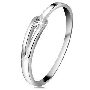 Briliantový prsten z bílého 14K zlata - blýskavý čirý diamant, úzká rozdělená ramena - Velikost: 50