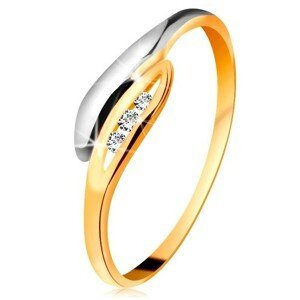 Zlatý diamantový prsten 585 - dvoubarevné zahnuté lístečky, tři čiré brilianty - Velikost: 58
