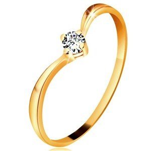 Prsten ze žlutého zlata 585 - lesklá zahnutá ramena, blýskavý čirý diamant - Velikost: 50