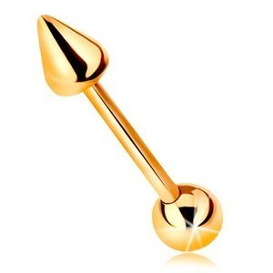 Zlatý 9K piercing - lesklá rovná činka s kuličkou a kuželem, 10 mm