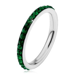 Ocelový prsten stříbrné barvy, blýskavé tmavě zelené zirkonky - Velikost: 49