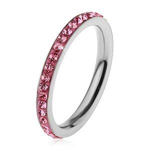 Prsten z chirurgické oceli stříbrné barvy, zářivé zirkonky v růžovém odstínu - Velikost: 55