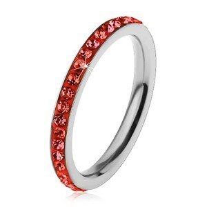 Prsten z chirurgické oceli stříbrné barvy, zirkonky ve světle červeném odstínu - Velikost: 49