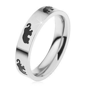 Dětský ocelový prsten stříbrné barvy, černí glazovaní sloni, vysoký lesk - Velikost: 47
