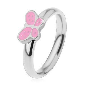 Dětský prsten z chirurgické oceli, stříbrný odstín, motýlek s růžovou glazurou - Velikost: 47