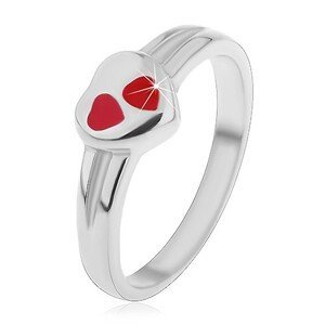 Dětský prsten z chirurgické oceli, stříbrná barva, srdce s červenou glazurou - Velikost: 48