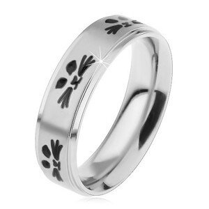 Ocelový prsten pro děti, stříbrný odstín, obličeje kočiček černé barvy - Velikost: 48
