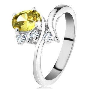 Třpytivý prsten ve stříbrném odstínu, oválný zirkon ve žluté barvě - Velikost: 49