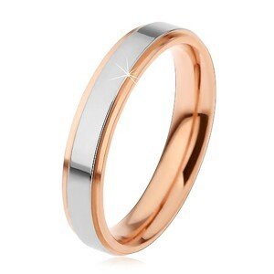 Lesklý ocelový prsten, vyvýšený pás stříbrné barvy a měděné okraje, 4 mm - Velikost: 52