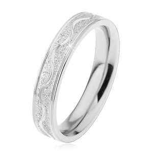 Ocelový prsten stříbrné barvy, pískovaný pás s lesklou vlnkou, 4 mm - Velikost: 58