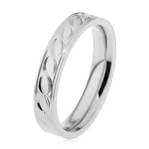 Ocelový prsten ve stříbrném odstínu, gravírovaný motiv vlnek, 4 mm - Velikost: 49