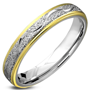 Prsten z chirurgické oceli, pískovaný pás s lesklou vlnkou, okraje zlaté barvy, 4 mm - Velikost: 52