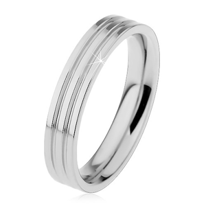 Lesklý prsten z oceli 316L stříbrné barvy, dva podélné zářezy, 4 mm - Velikost: 52