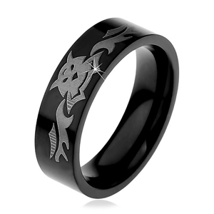 Ocelový prsten, lesklý černý povrch s motivem s netopíry, 6 mm - Velikost: 55