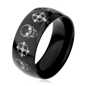 Černý ocelový prsten, lebky a kříže stříbrné barvy, 9 mm - Velikost: 67