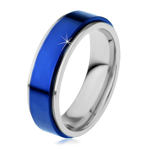 Prsten z oceli 316L, modrý vyvýšený pás, okraje stříbrné barvy - Velikost: 64