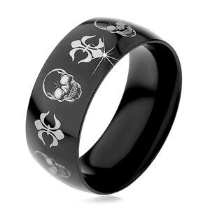 Černý ocelový prsten, lebky a symboly Fleur de Lis stříbrné barvy, 9 mm - Velikost: 62